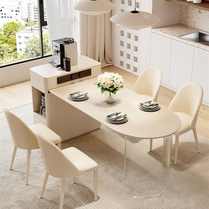 岩板岛台餐桌一体可伸缩小户型法式奶油风家用实木轻奢高级中岛台