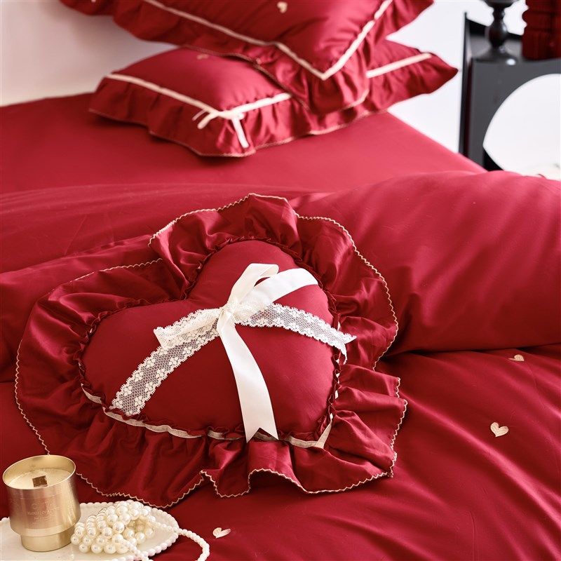 法式爱心100S长绒棉全棉婚庆四件套红色刺绣结婚纯棉婚房床上用品,床上用品,婚庆床品套件,淘宝优惠券,粉丝福利购,淘宝优惠卷