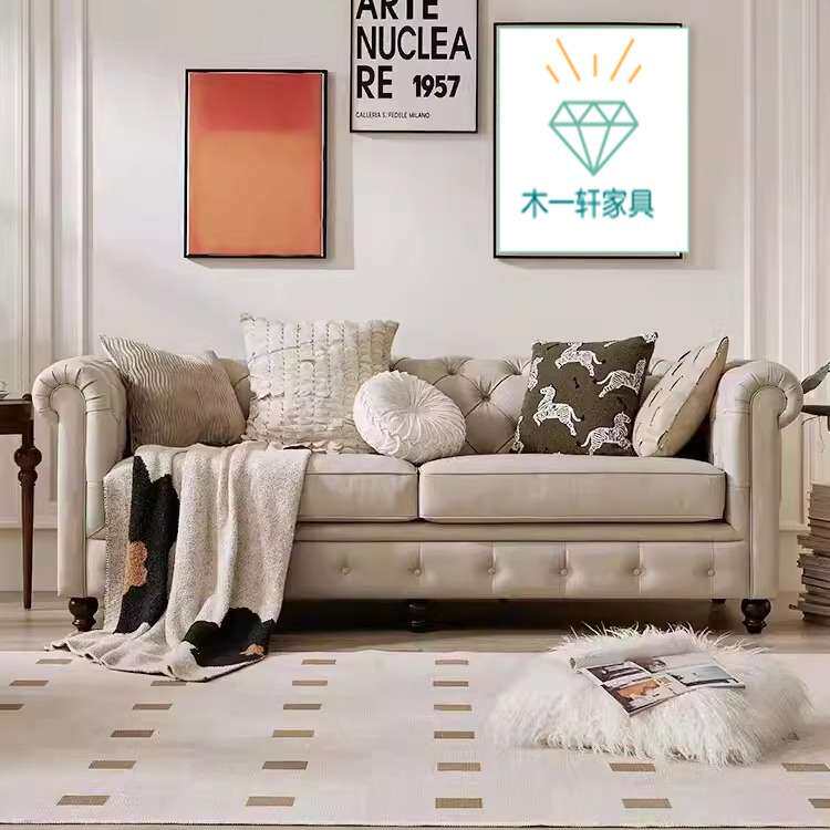 美式布艺沙发小户型复古拉扣三人位直排沙发现代轻奢米白色沙发