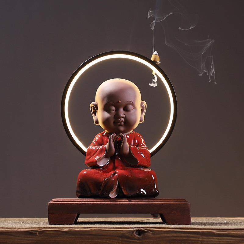 创意灯光中式陶瓷人物沙弥大号摆件客厅书房办公室桌面装饰摆设品