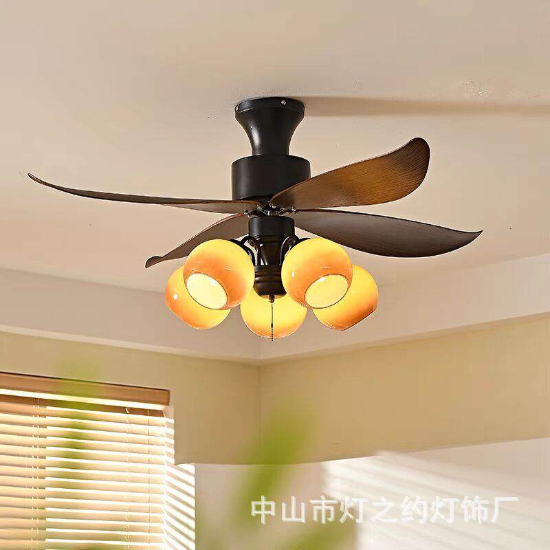 吊扇灯客厅吸顶风扇灯餐厅卧室书房美式中古南洋风复古焦糖色吊灯
