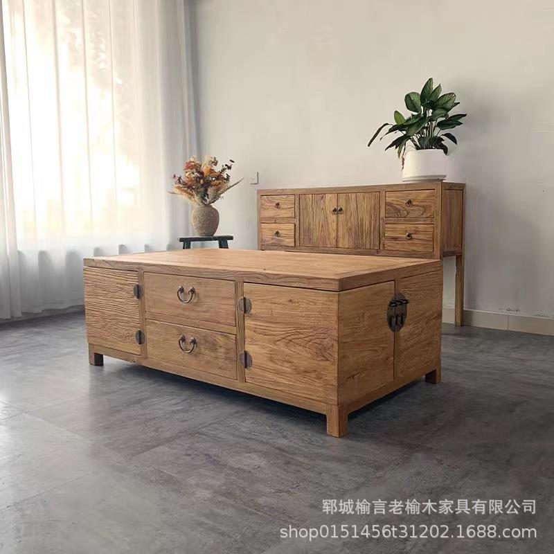 复古茶几储物柜新中式茶台电视柜客厅茶意禅桌多用途老榆木电视柜