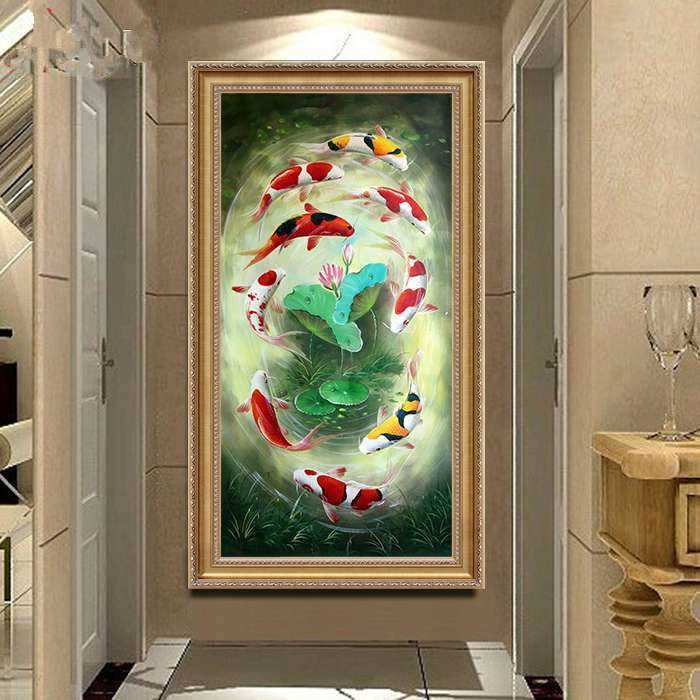 纯手绘油画 玄关装饰画荷花九鱼图新中式客厅走廊风水挂画锦鲤图
