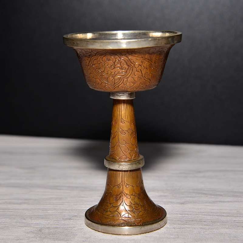 八吉祥雕花铜鎏银供护杯藏式密宗用品供护杯供奉杯摆件