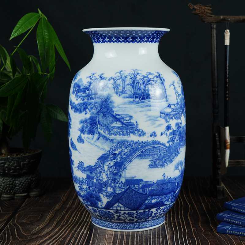 仿古青花清明上河图冬瓜花瓶景德镇中式陶瓷家居客厅装饰摆件