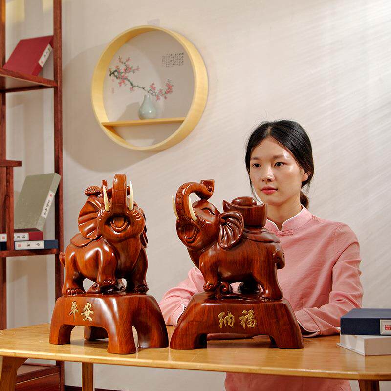 花梨木雕刻大象摆件一对平安纳福实木象家居客厅电视柜装饰工艺品