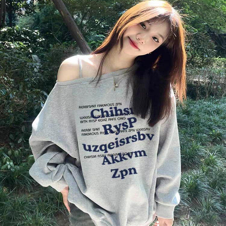 美式慵懒风字母斜肩纯棉卫衣女灰色宽松显瘦小众露肩上衣