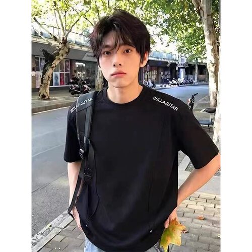 美式痞帅黑色短袖T恤男夏宽松