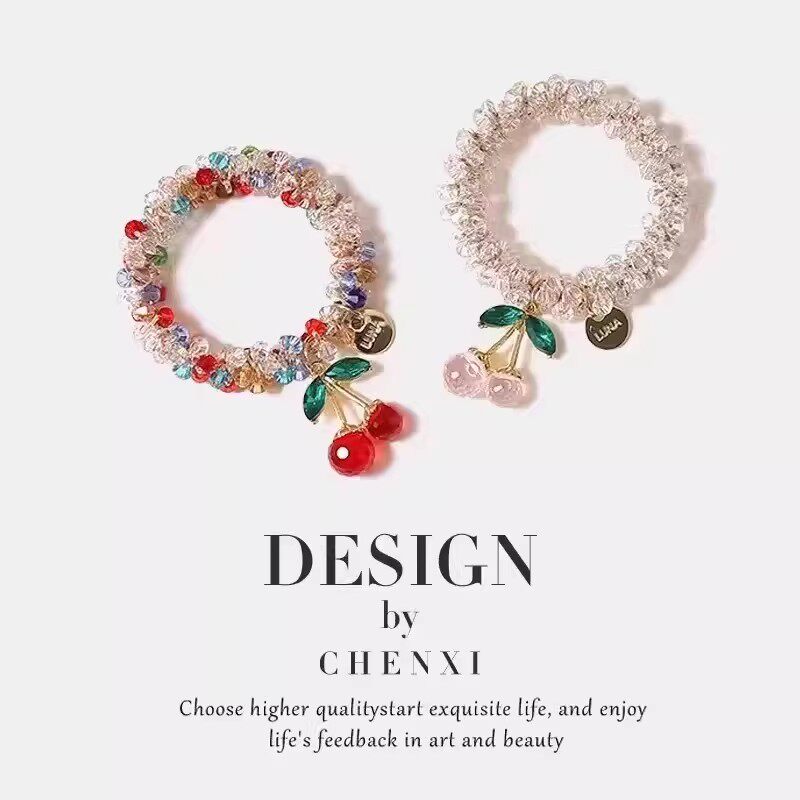 【下单立减50】樱落星坠水钻樱桃吊坠气质发绳女送闺蜜手链两用QC