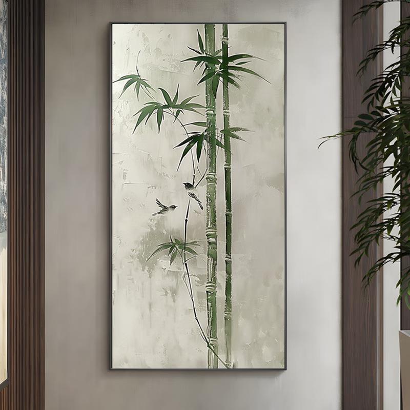 纯手绘油画竹子客厅茶室装饰画家居玄关新中式艺术画落地摆件花鸟