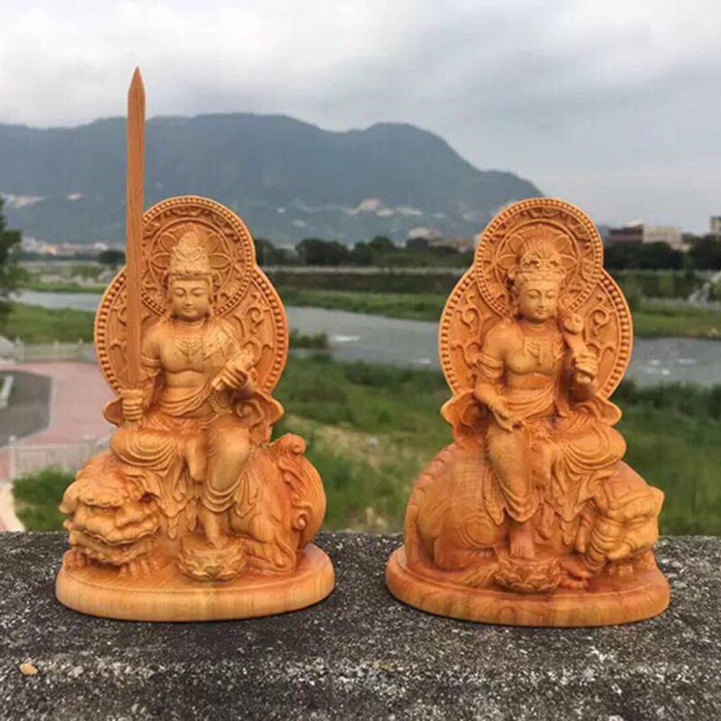 崖柏木雕刻文殊普贤菩萨车摆件华严三圣居家供奉像生肖守护