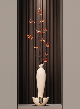 新中式招财元宝陶瓷细长高花瓶入户玄关摆件客厅迎客松装饰高级感