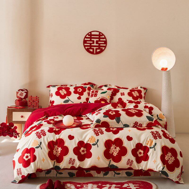 高档小红花结婚四件套红色全棉印花被套简约床单陪嫁婚庆床上用品