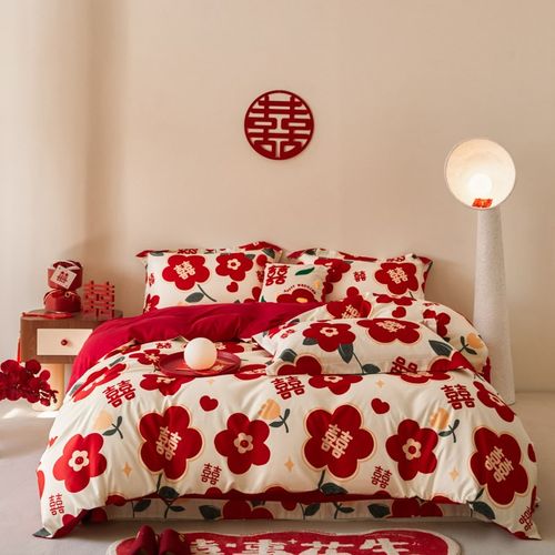 高档小红花结婚四件套红色全棉印花被套简约床单陪嫁婚庆床上用品