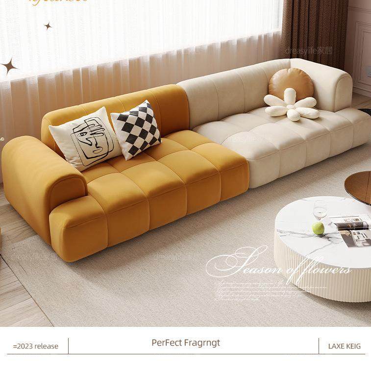 泡芙布艺沙发现代简约客厅直排小户型钢琴键豆腐块奶油猫抓布沙发
