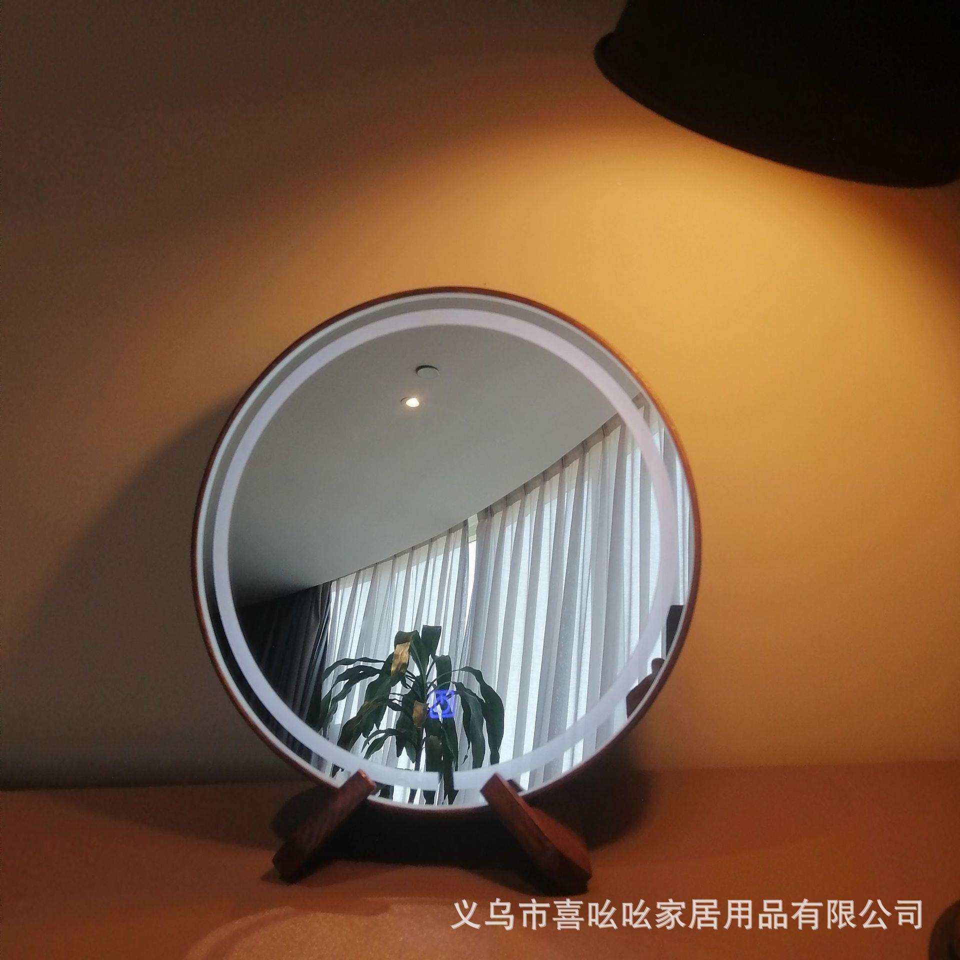 复古桌面化妆镜补光灯化妆镜实木梳妆镜不锈钢圆形镜子复古木质镜