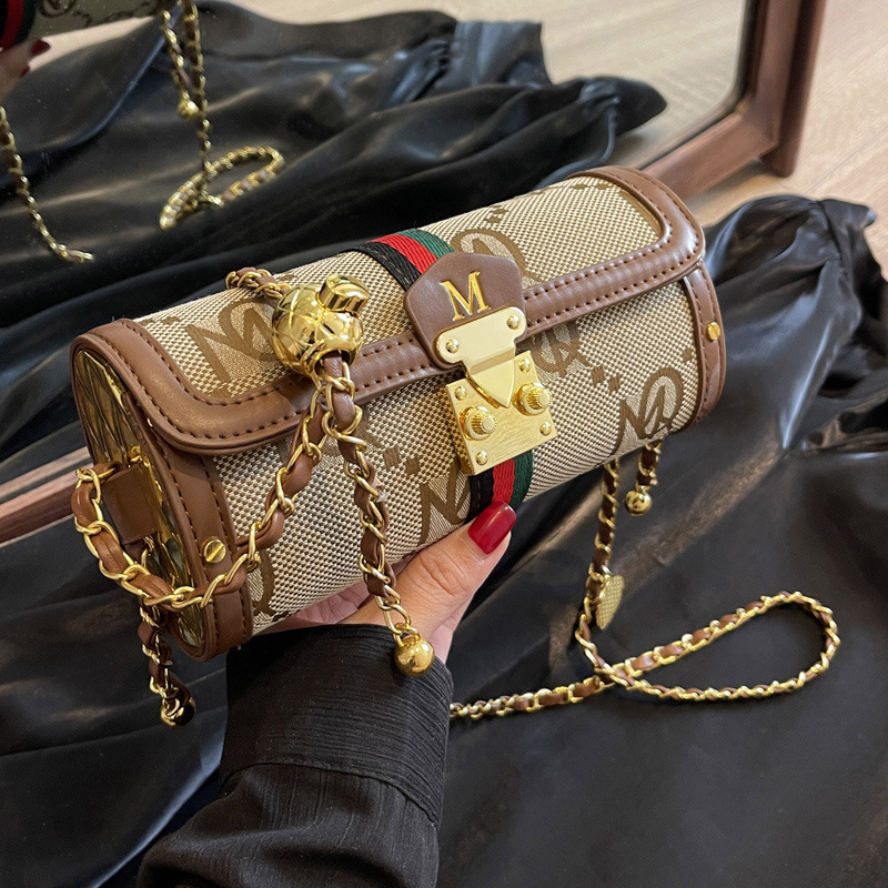 外贸跨境提花帆布配皮刺绣字母撞色笔筒腋下法棍小包女欧美斜挎包