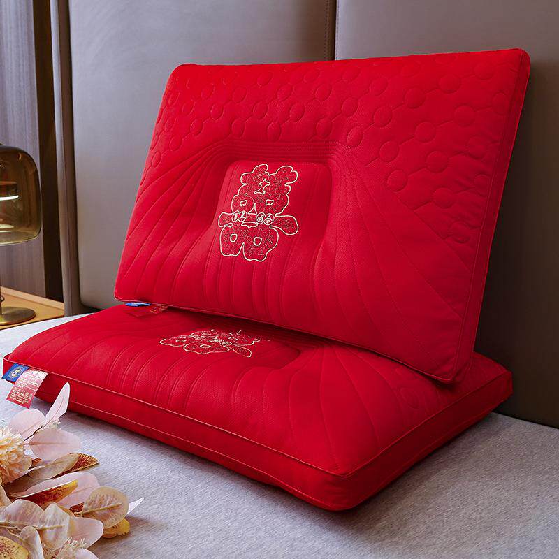 结婚枕头一对纯棉全棉乳胶枕芯婚庆刺绣红色新婚整头新婚陪嫁家用