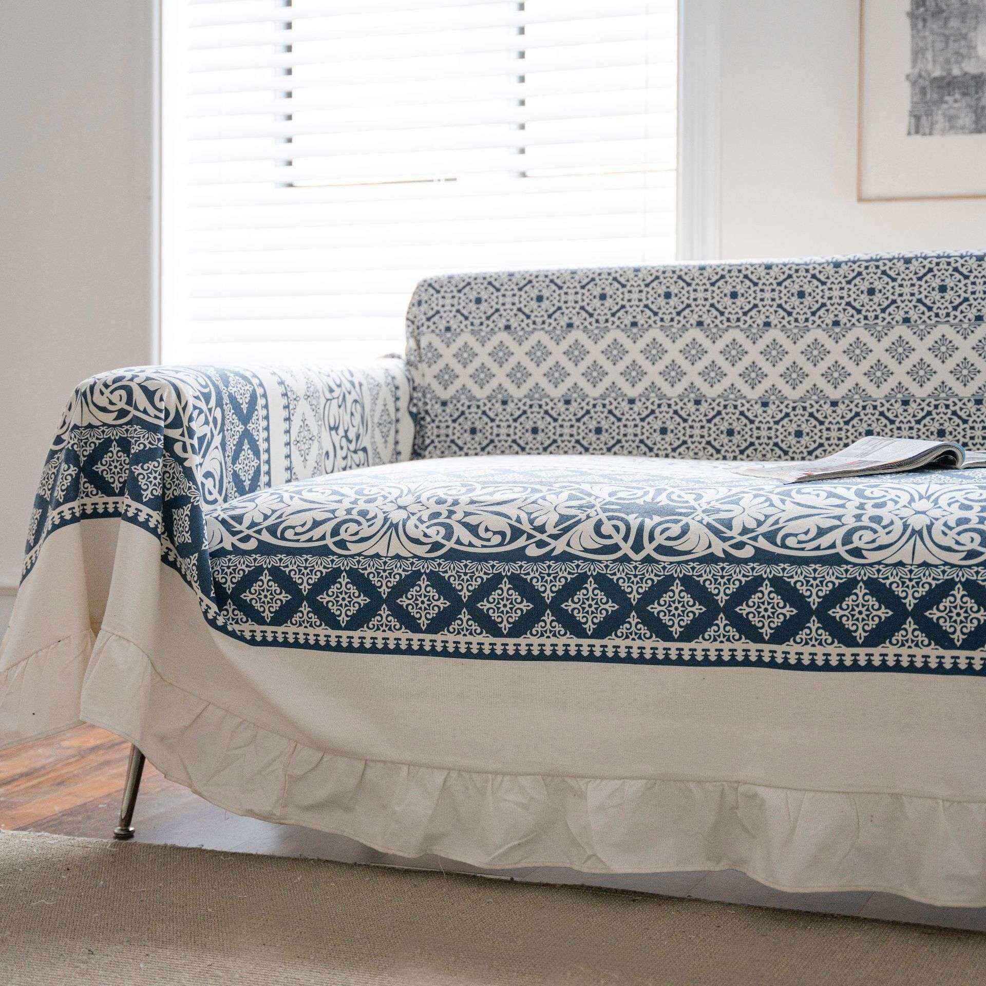 伊缦琪韵沙发巾青花瓷荷叶边多功能盖巾厚实复古中国风工厂直供