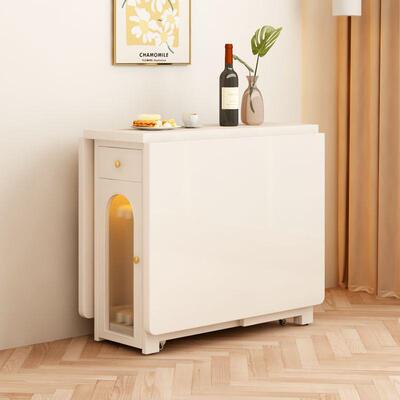 lw0奶油风实木餐桌可折叠移动小户型家用伸缩多功能长方形免安装