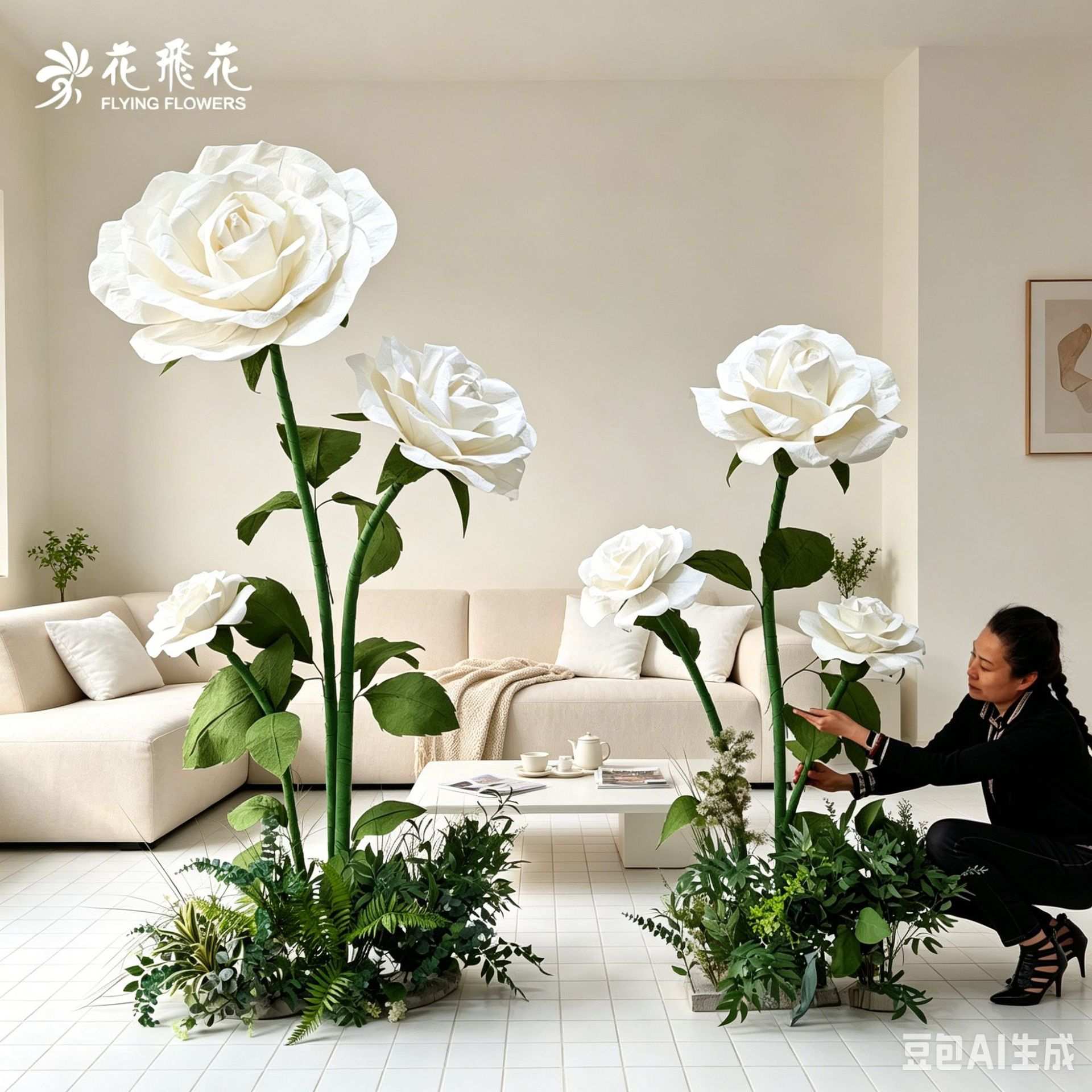 花飞花巨型白玫瑰纸质工艺品仿真花场景布置情人节纸花婚庆用花
