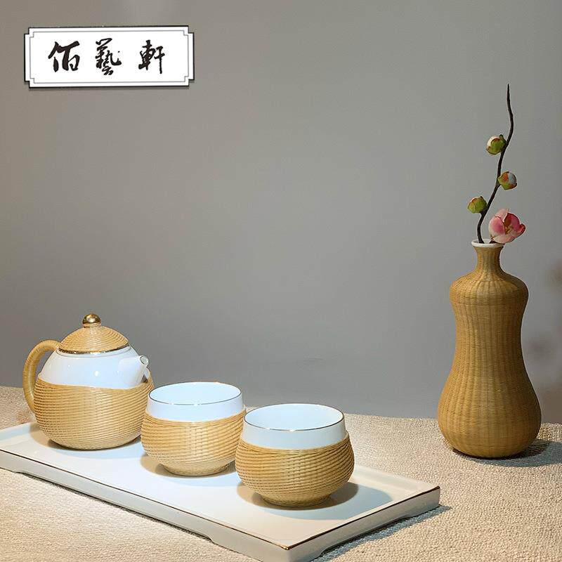 佰艺轩东阳手工竹编竹丝家用茶具三件套厂家直销