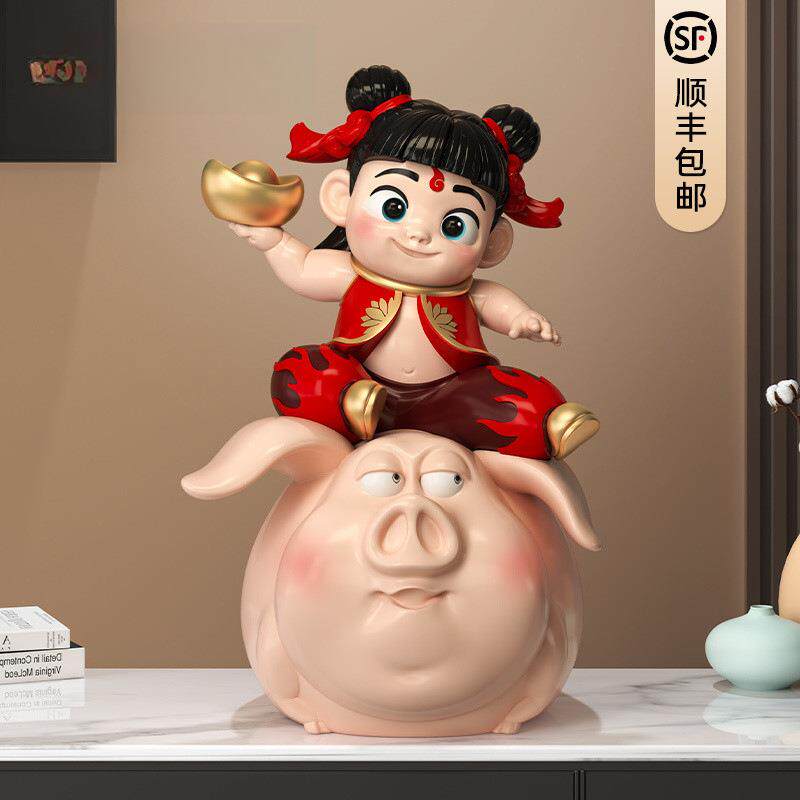 新款哪吒之魔童闹海飞天猪摆件三太子创意客厅入户玄关装饰品乔∑