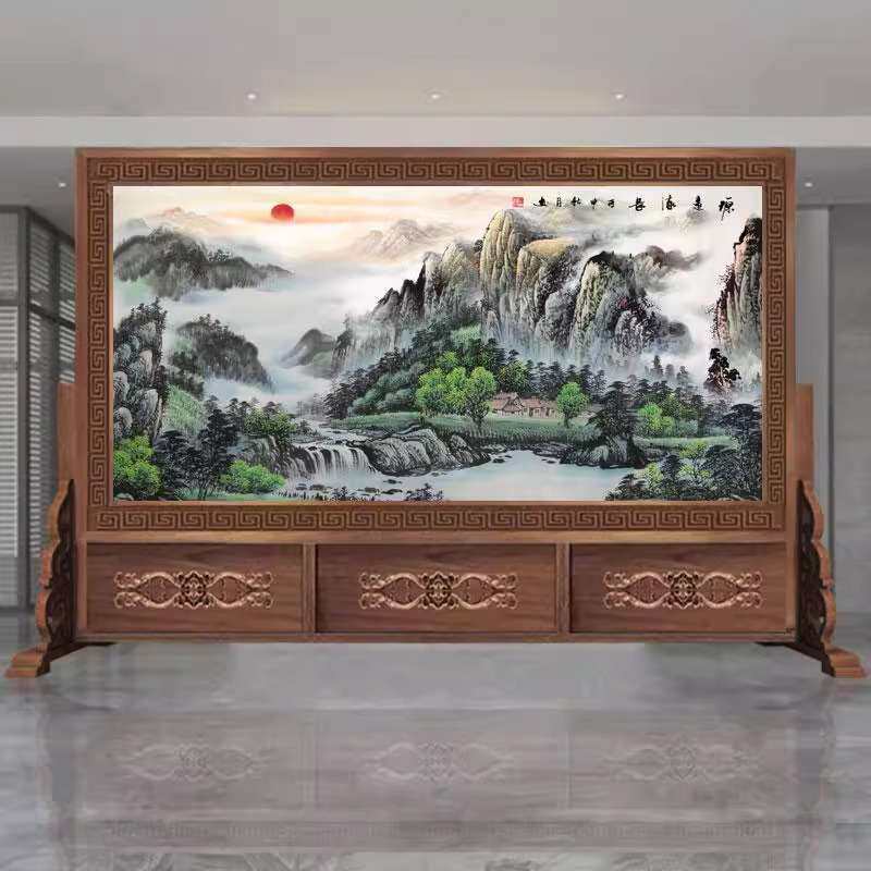 新中式实木屏风隔断公司单位学校酒店客厅入门双面画落地座屏整装