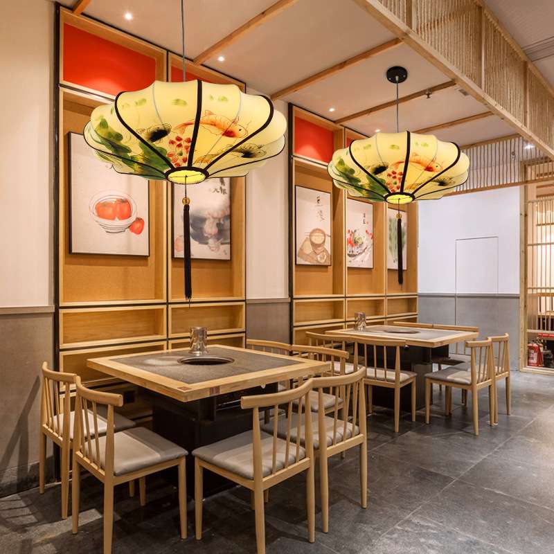 新中式吊灯中国风餐厅饭店火锅店茶楼茶室灯具仿古布艺手绘灯笼灯