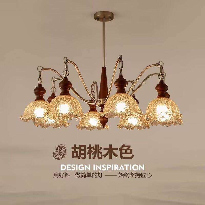 中古客厅吊灯冰裂纹南洋风法式复古胡桃色实木卧室餐厅大厅主灯具