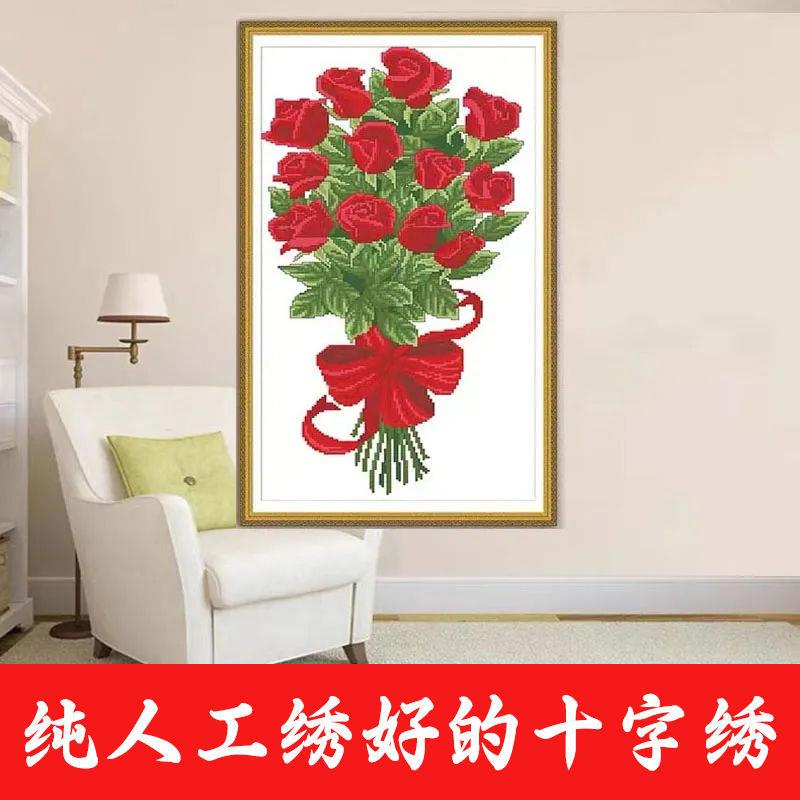 绣好的纯手工十字绣成品情人红玫瑰花草刺绣竖版卧室画不带框