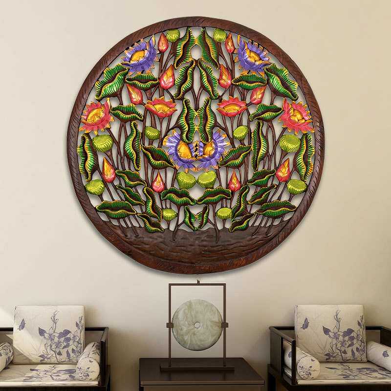 圆形木质壁饰泰国柚木木雕壁饰挂件雕花板背景墙装饰工艺品墙饰