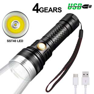 SST40手电筒强光户外远射USB充电超强白光锂电池铝合金手电