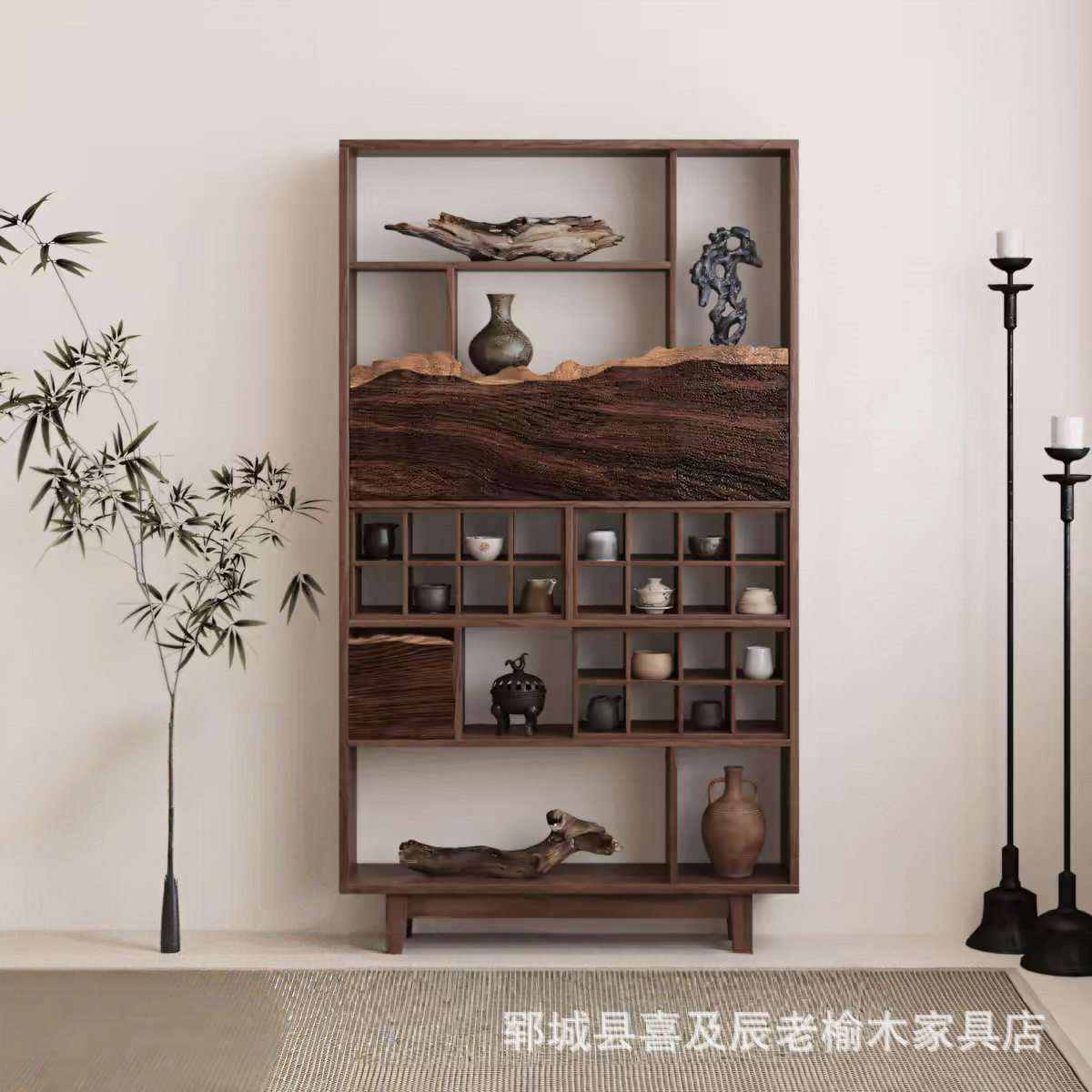侘寂风实木山形博古架办公茶室老榆木陈列架多宝阁茶叶茶壶展示架