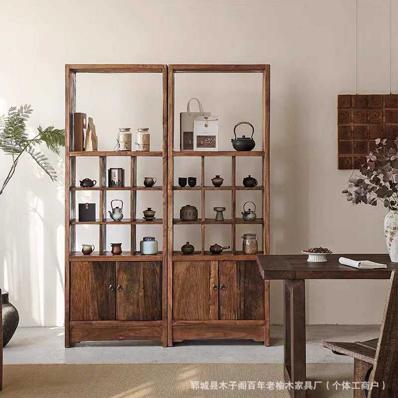 老榆木博古架实木多宝阁层架茶叶柜民宿装饰置物架茶室收纳展示柜
