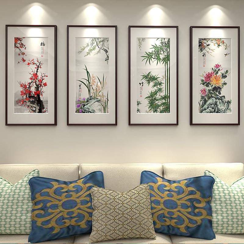 新中式梅兰竹菊客厅装饰画沙发背景墙挂画餐厅壁画水墨国画四联