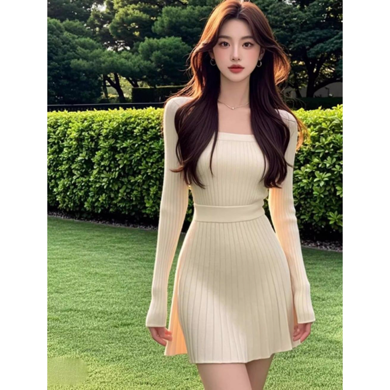 韩国气质针织连衣裙女春季2026新款气质简约小个子OL包臀百褶短裙