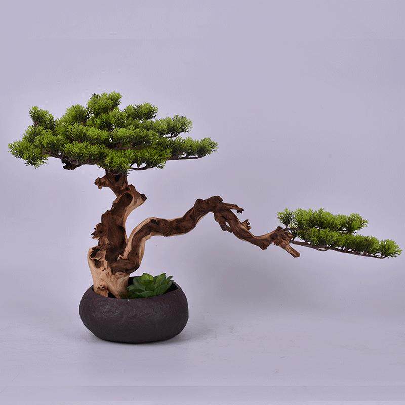 新中式仿真迎客松树绿植盆栽摆件样板房售楼处玄关罗汉松柏树盆景