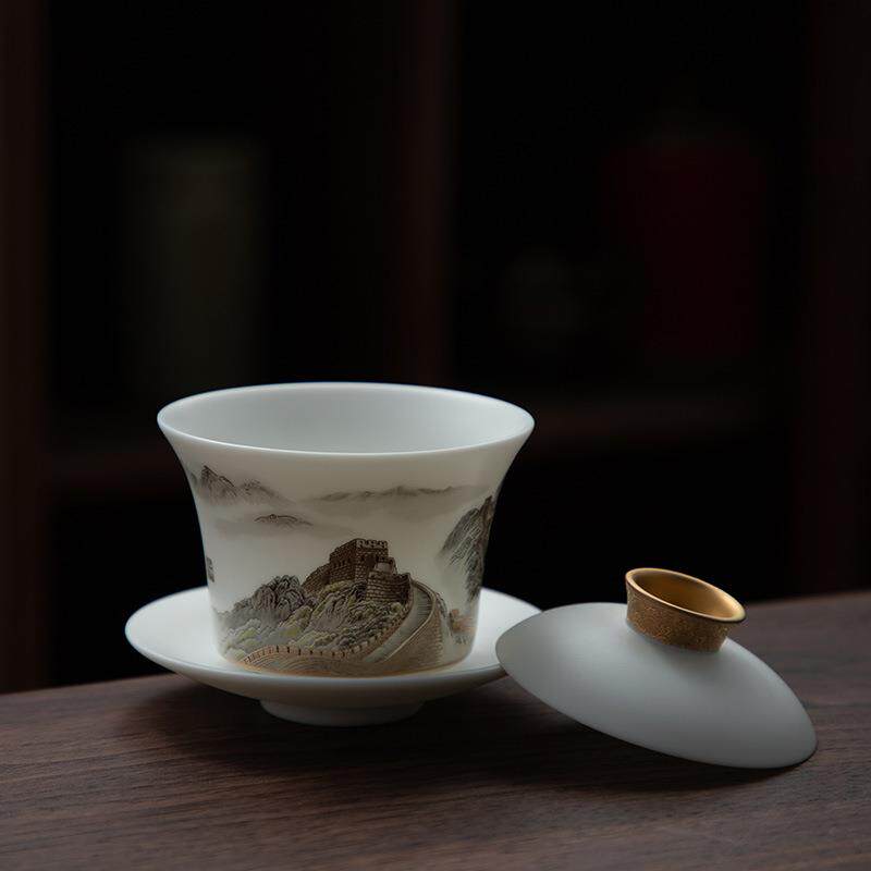 德化白瓷长城盖碗羊脂玉瓷素烧堆金工艺三才泡茶碗轻奢高档家用