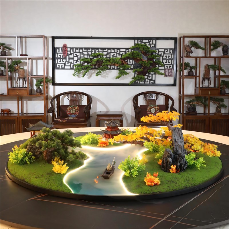 餐桌中间摆花喷雾化流水灯光遥控桌摆转盘花摆圆桌芯装饰盆景摆件