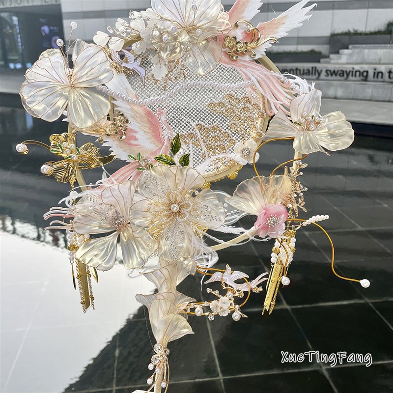 雪亭坊定制造花液秀禾喜扇婚礼新娘减龄结婚蓝色双面圈团扇材料包