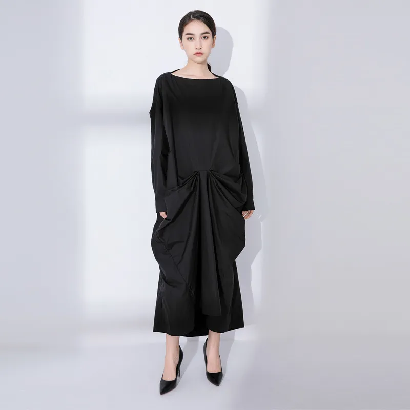 2381原创设计暗黑山本耀司风格宽松廓形黑色小众设计感连衣裙女