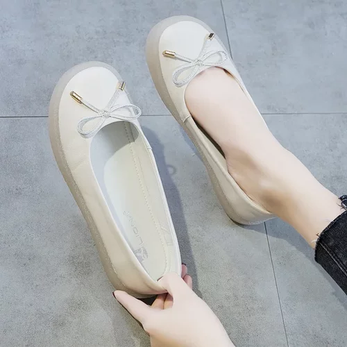 春夏季真皮浅口单鞋女 一脚蹬护士牛筋软底奶奶孕妇鞋