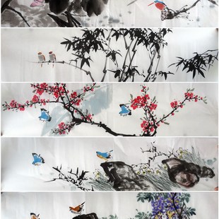 国画字画纯手绘四尺对开花鸟画1 136X34厘米横幅特价 8墨锦轩