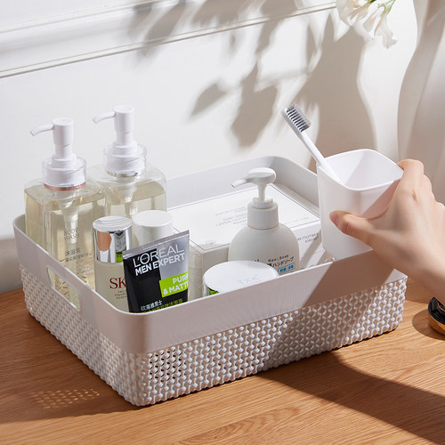 桌面收纳筐置物塑料篮子厨房储物零食杂物洗浴长方形仿藤编盒