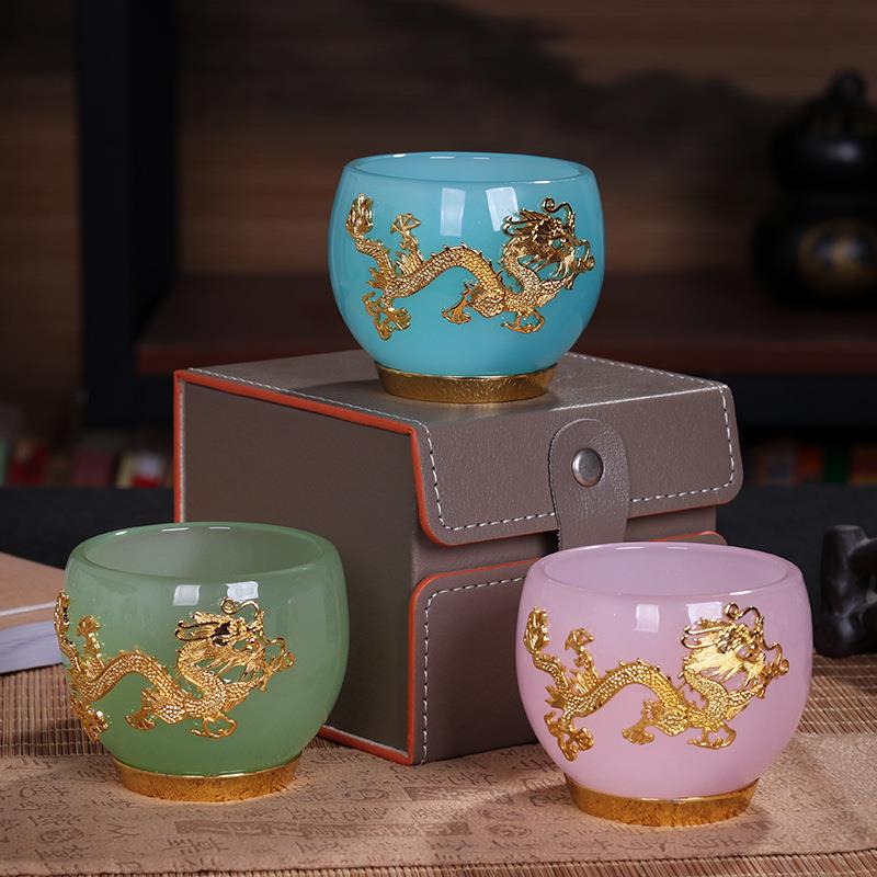 鎏金祥龙中式琉璃玉瓷茶杯帝王杯功夫家用品茗杯主人杯情侣对杯