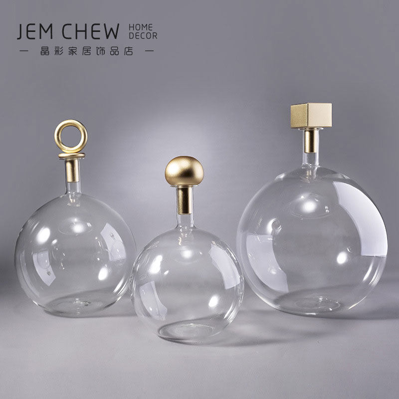 现代创意圆球小口大肚透明玻璃花瓶 金属铜盖软装设计水培插花器
