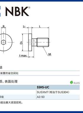 NBK SSHS-UC 内六角极短头螺栓小头省空间非标机械零配件厂家直供