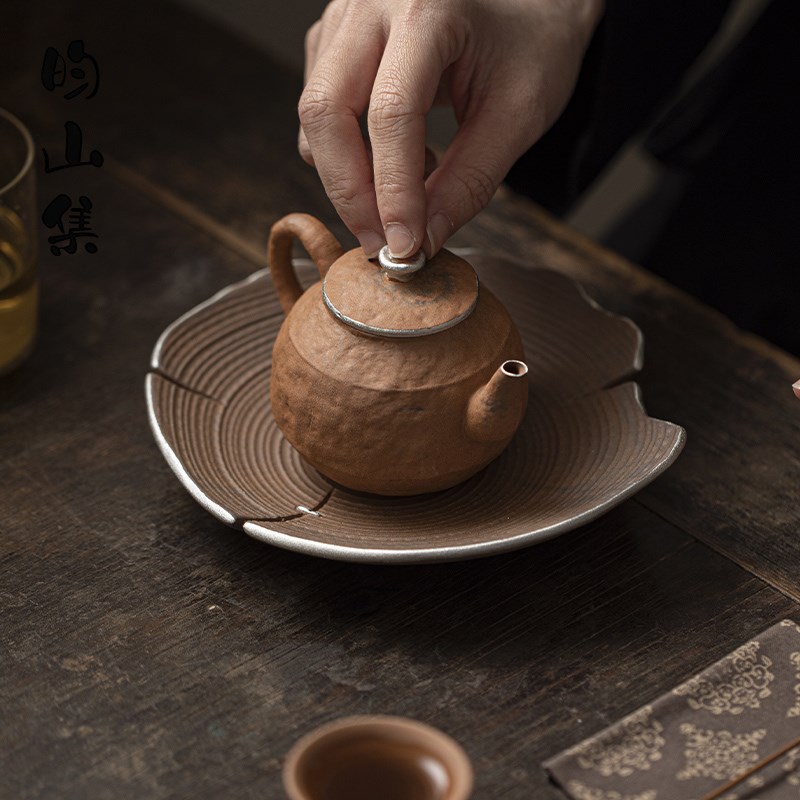 老岩泥茶壶泡茶手工鎏银手把壶中式复古粗陶古拙壶功夫茶具小单壶