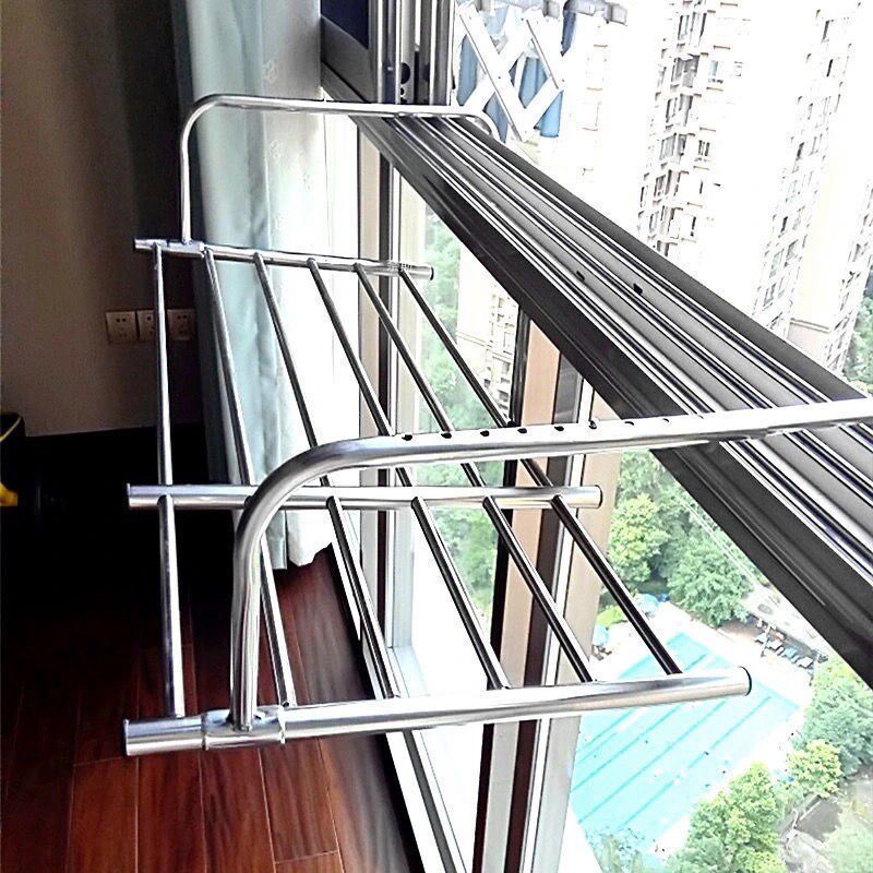 不锈钢高层窗外阳台晾被架可免叠折安装挂式栏杆防盗网凉衣晒衣架